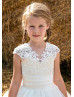 Beaded Check Lace Tulle Buttons Back Flower Girl Dress